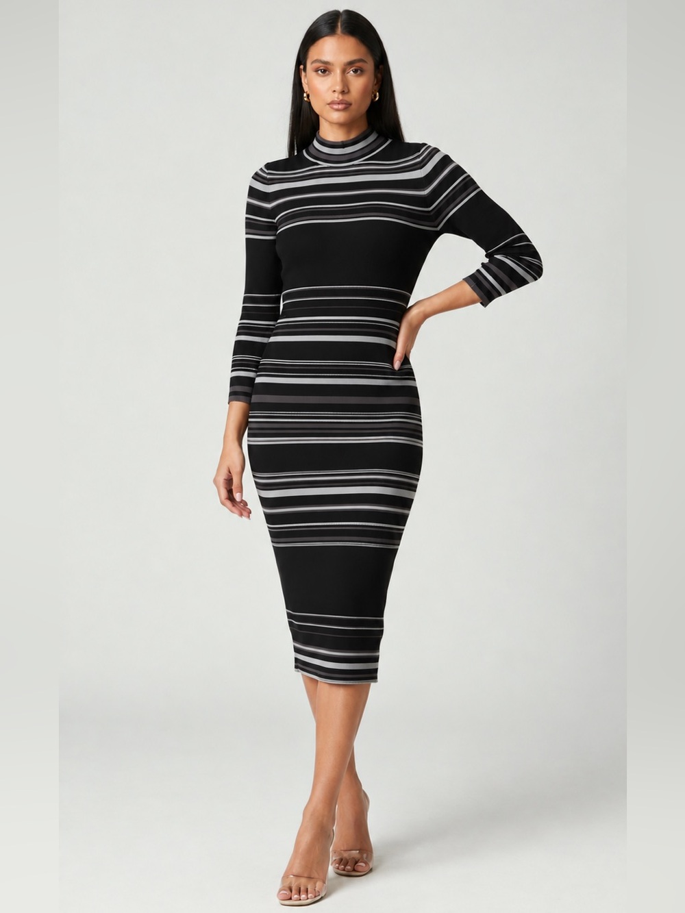 BCBGeneration Black & Gray Striped Mock-Neck Midi Dress